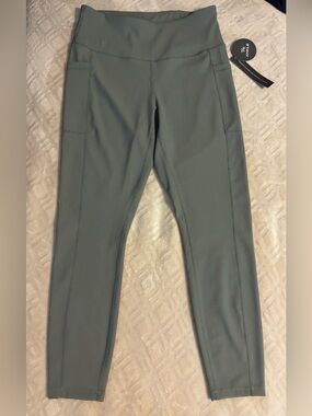 Ribbed High-Rise Leggings with Side Pockets - Sage Green